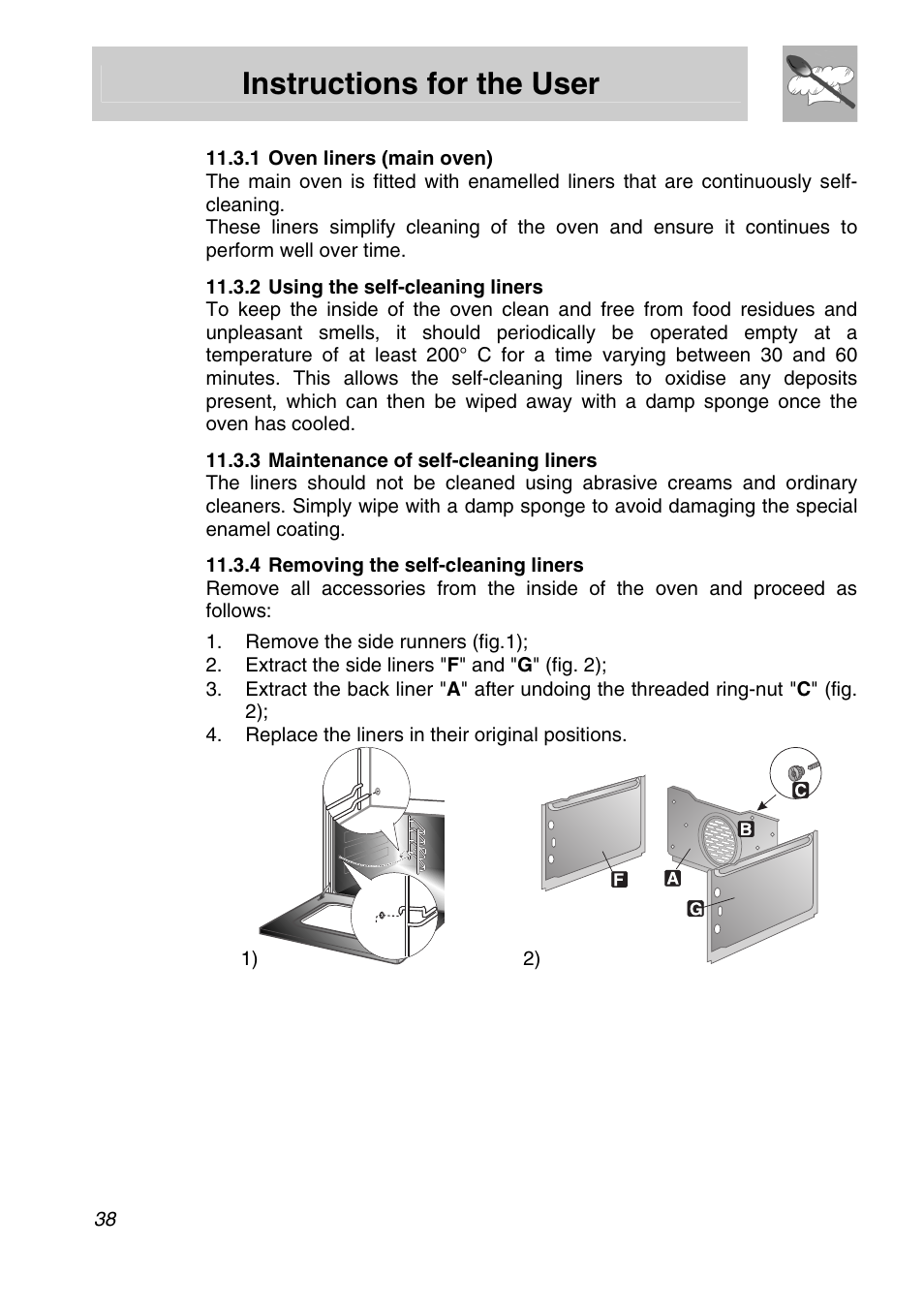 1 oven liners (main oven), 2 using the self-cleaning liners, 3 maintenance of self-cleaning liners | 4 removing the self-cleaning liners, Instructions for the user | Smeg Freestanding Cooker CSA150X-6 User Manual | Page 36 / 40
