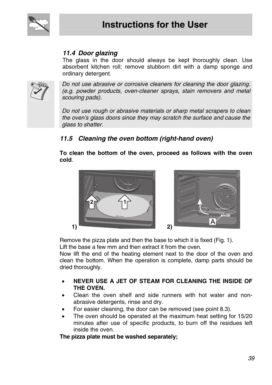 4 door glazing, 5 cleaning the oven bottom (right-hand oven), Instructions for the user | Smeg Freestanding Cooker CSA150X-6 User Manual | Page 37 / 40