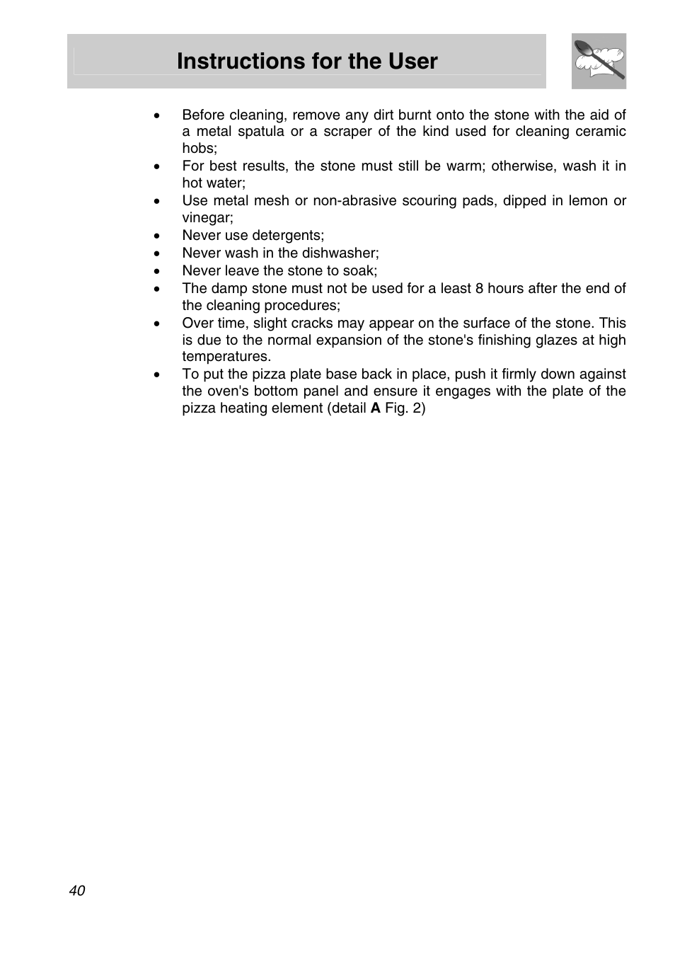 Instructions for the user | Smeg Freestanding Cooker CSA150X-6 User Manual | Page 38 / 40