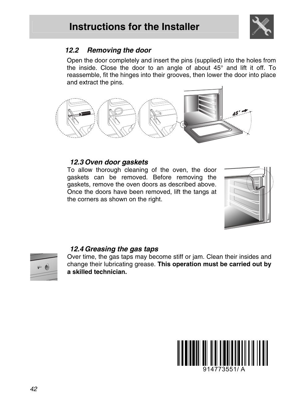 Removing the door, 3 oven door gaskets, 4 greasing the gas taps | Instructions for the installer | Smeg Freestanding Cooker CSA150X-6 User Manual | Page 40 / 40