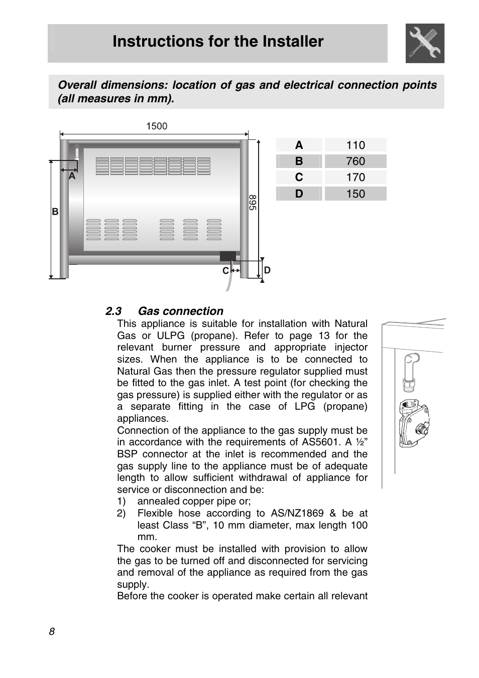3 gas connection, Instructions for the installer | Smeg Freestanding Cooker CSA150X-6 User Manual | Page 6 / 40