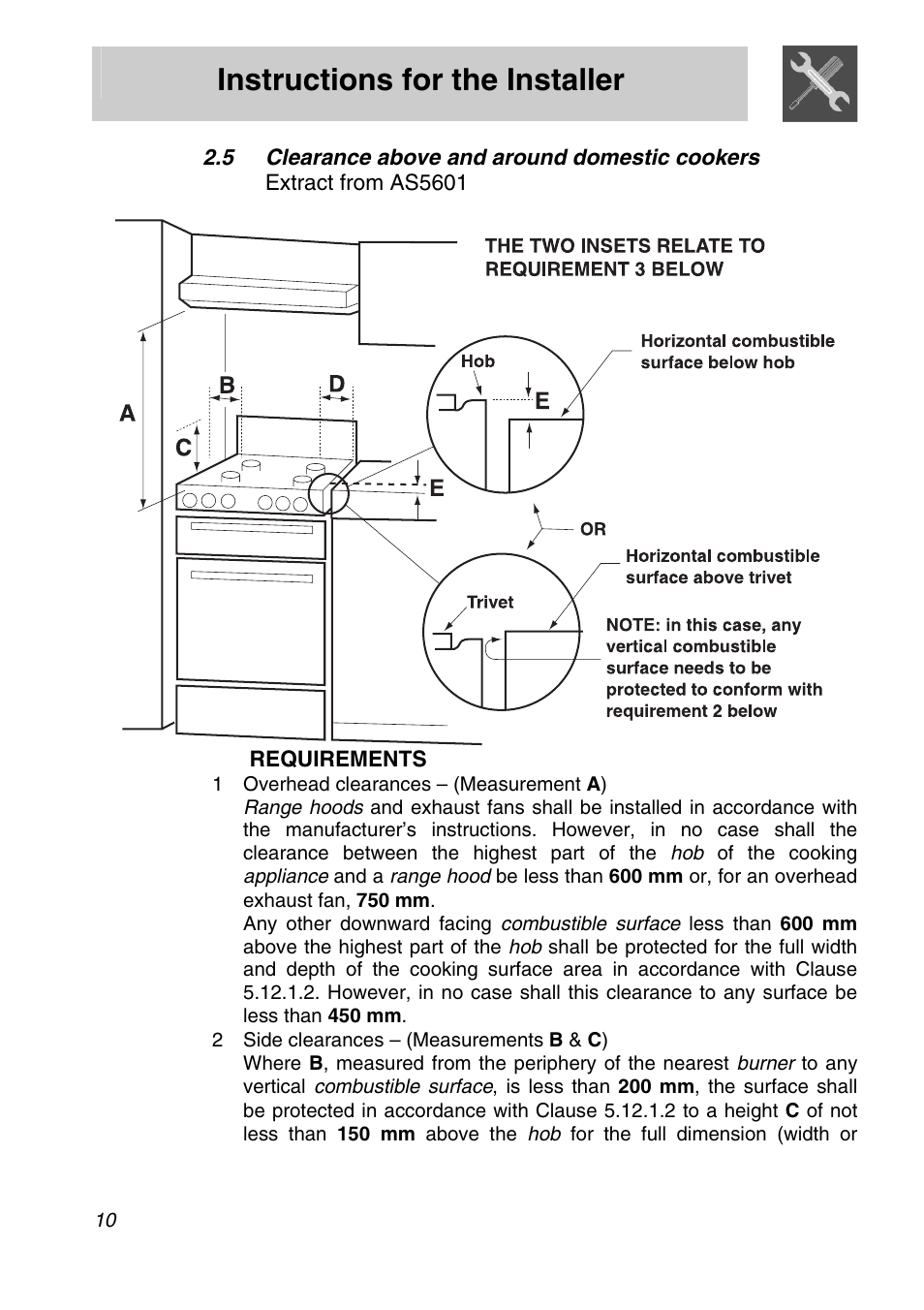 5 clearance above and around domestic cookers, Instructions for the installer | Smeg Freestanding Cooker CSA150X-6 User Manual | Page 8 / 40