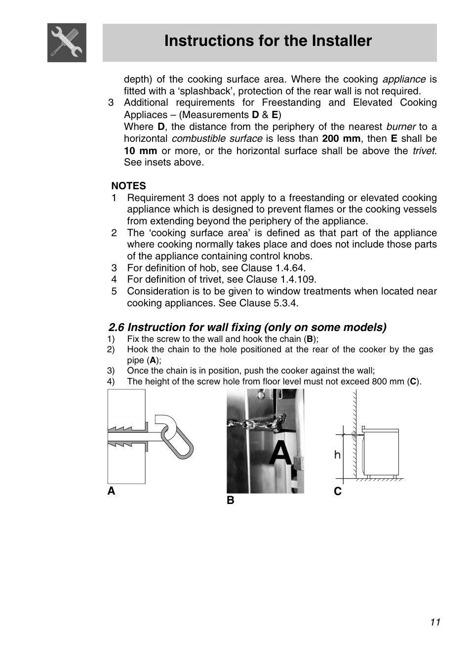 Instruction for wall fixing (only on some models), Instructions for the installer | Smeg Freestanding Cooker CSA150X-6 User Manual | Page 9 / 40