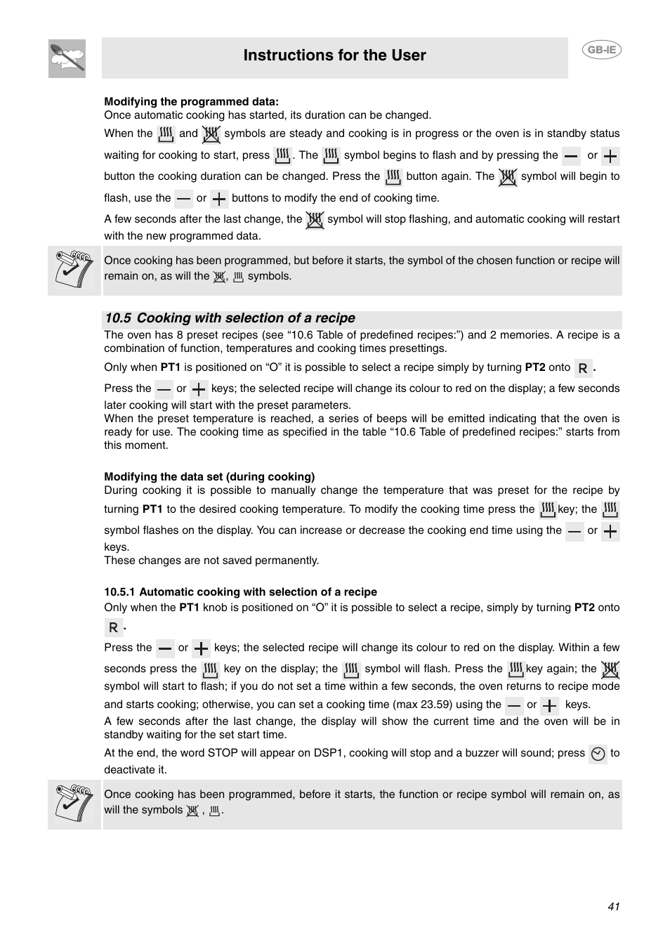 5 cooking with selection of a recipe, 1 automatic cooking with selection of a recipe, Instructions for the user | Smeg CE92CMX User Manual | Page 13 / 26