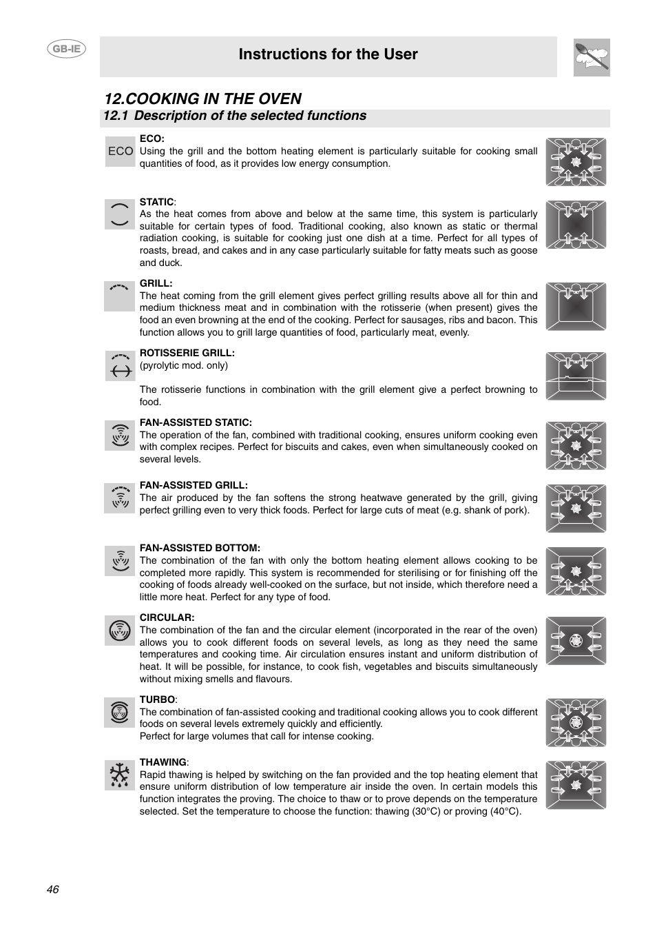 Cooking in the oven, 1 description of the selected functions, Instructions for the user | Smeg CE92CMX User Manual | Page 18 / 26