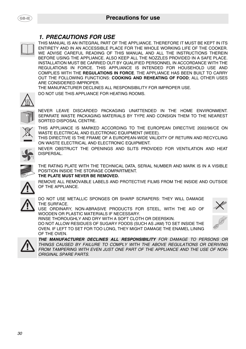 Precautions for use | Smeg CE92CMX User Manual | Page 2 / 26