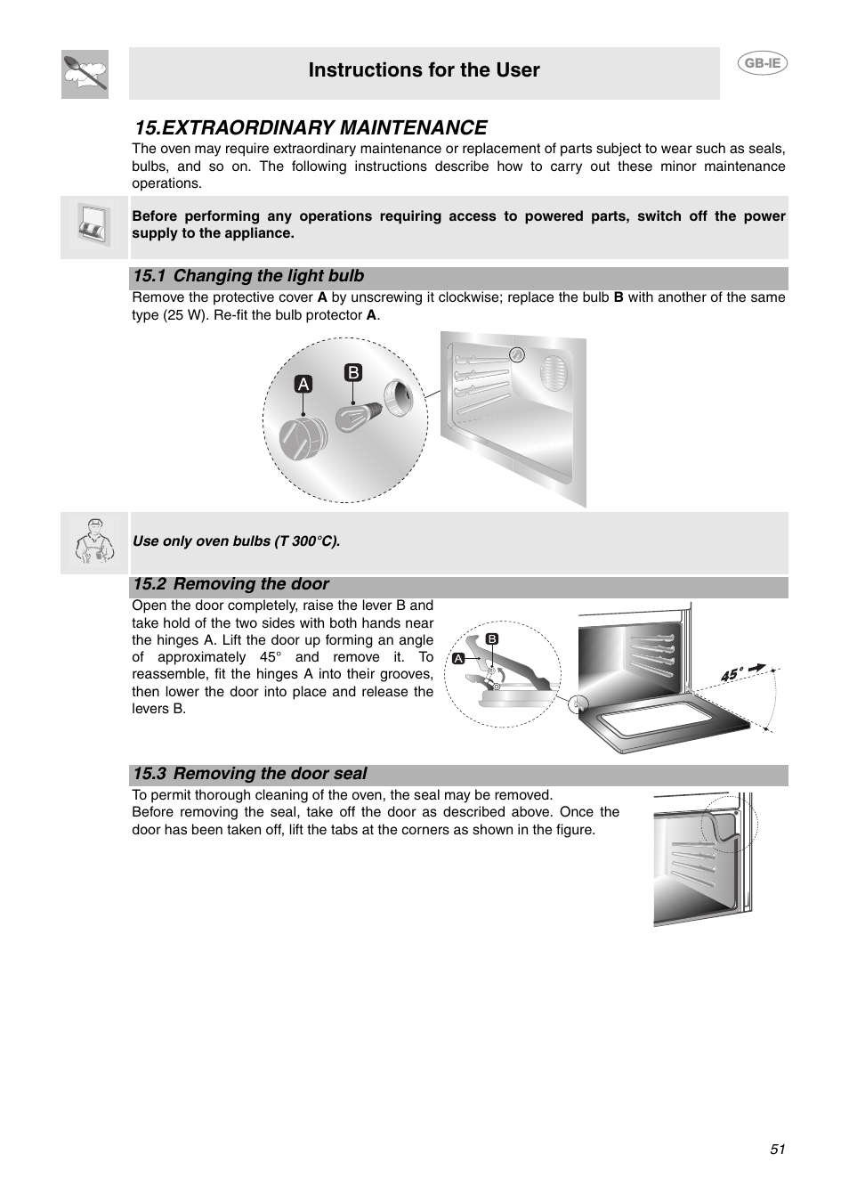 Extraordinary maintenance, 1 changing the light bulb, 2 removing the door | 3 removing the door seal, Instructions for the user | Smeg CE92CMX User Manual | Page 23 / 26