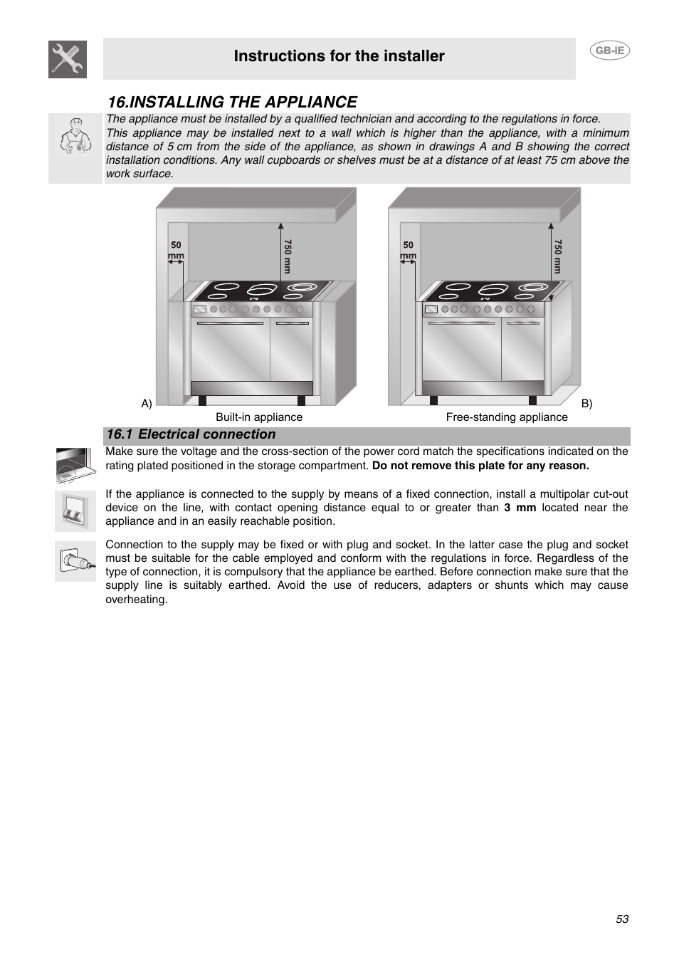 Installing the appliance, 1 electrical connection, Instructions for the installer | Smeg CE92CMX User Manual | Page 25 / 26