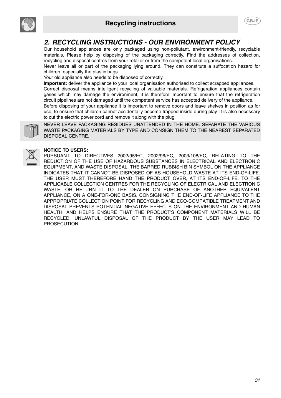 Recycling instructions - our environment policy, Recycling instructions | Smeg CE92CMX User Manual | Page 3 / 26