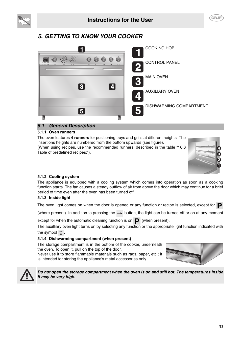 Getting to know your cooker, 1 general description, 1 oven runners | 2 cooling system, 3 inside light, 4 dishwarming compartment (when present), Instructions for the user | Smeg CE92CMX User Manual | Page 5 / 26