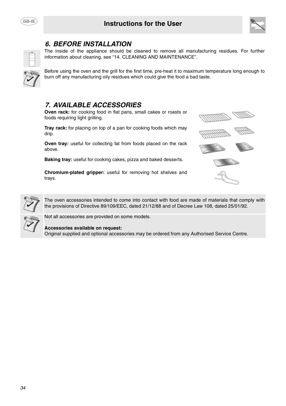 Before installation, Available accessories, Instructions for the user | Before installation 7. available accessories | Smeg CE92CMX User Manual | Page 6 / 26