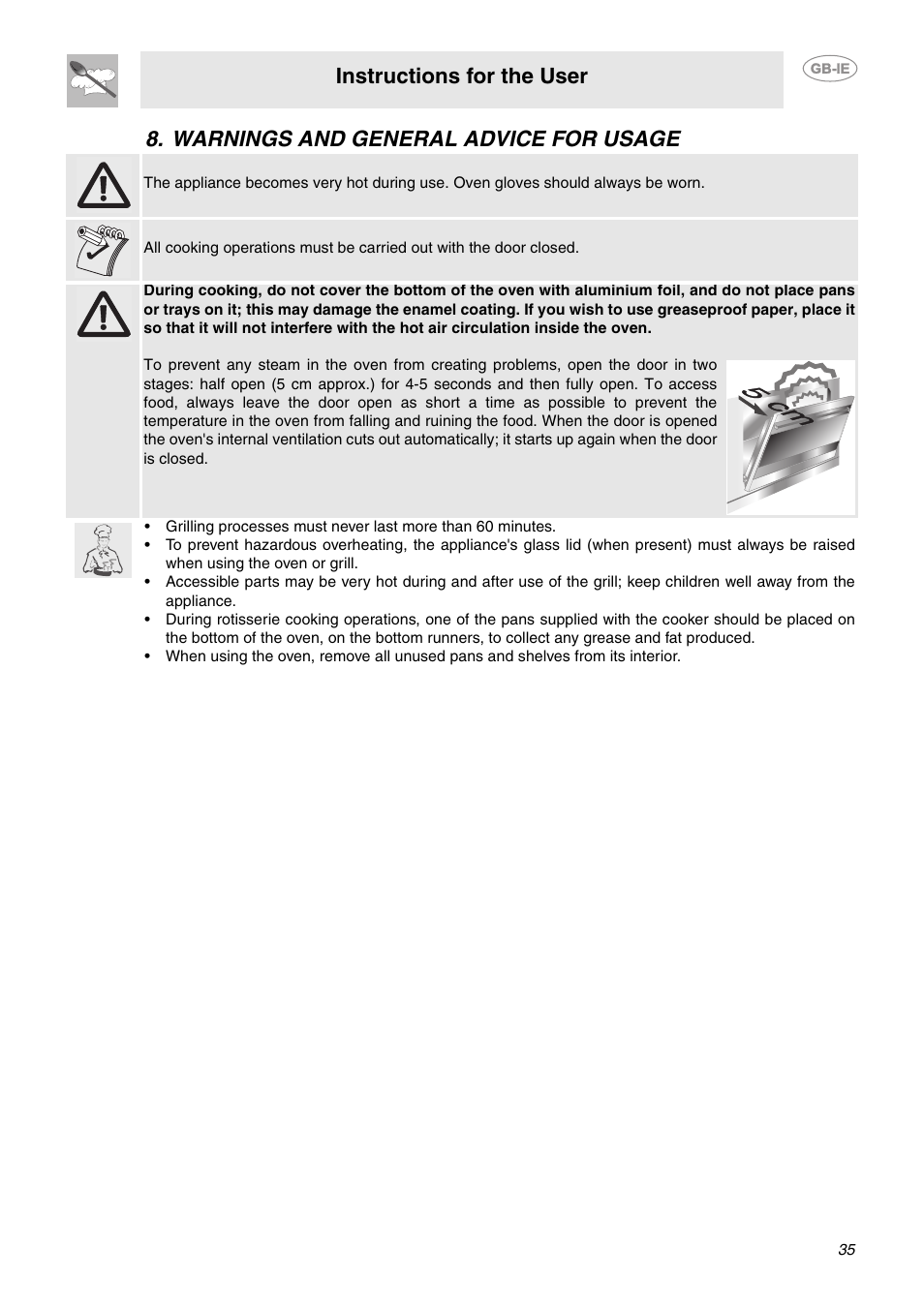 Warnings and general advice for usage, Instructions for the user | Smeg CE92CMX User Manual | Page 7 / 26