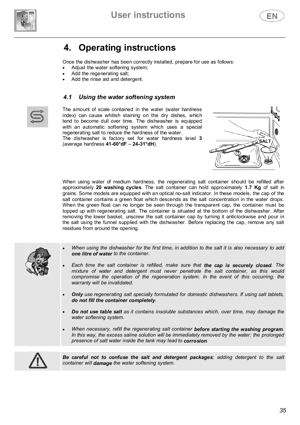 User instructions, Operating instructions | Smeg DWF614WH User Manual | Page 13 / 26