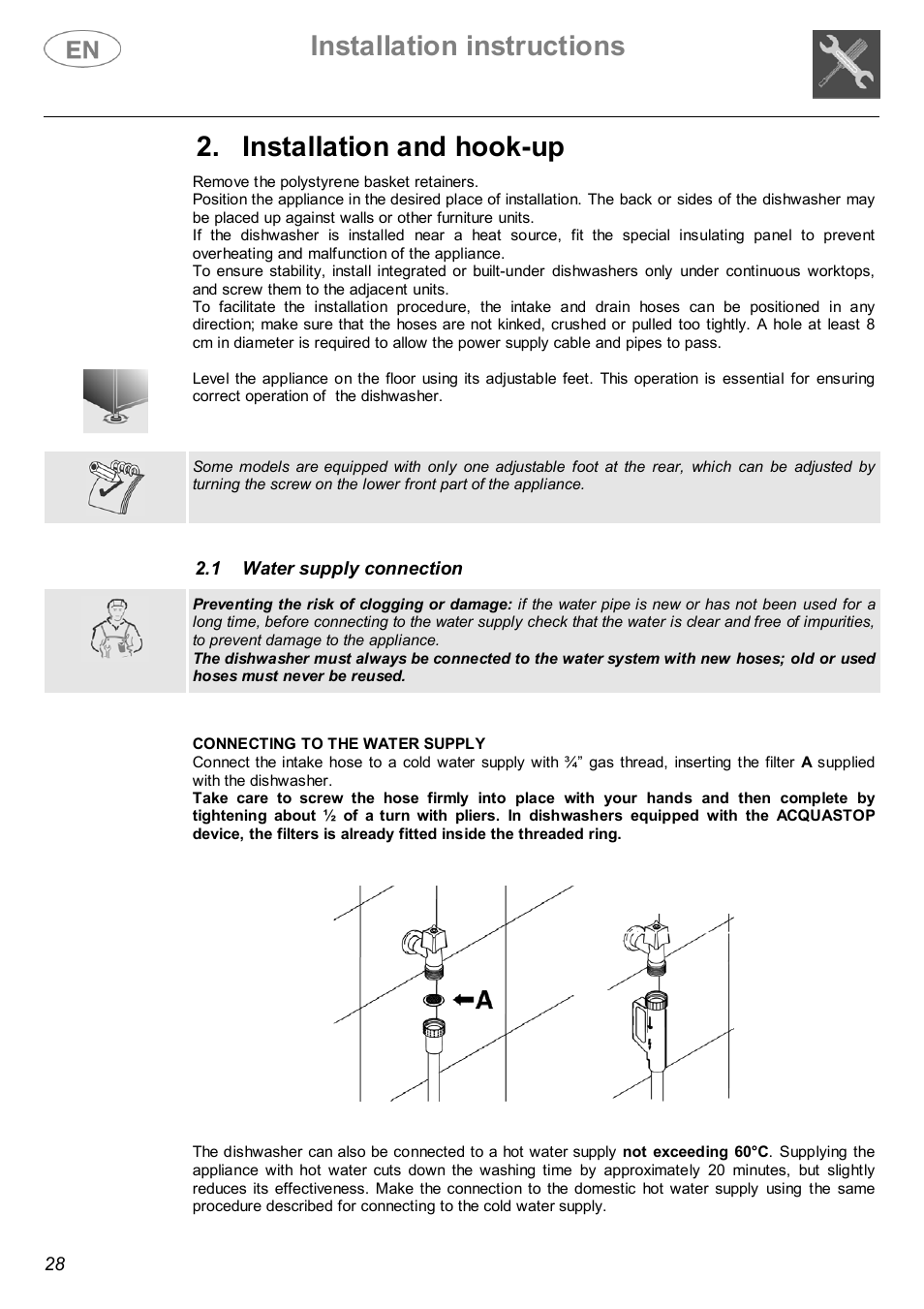 Installation instructions, Installation and hook-up | Smeg DWF614WH User Manual | Page 5 / 26