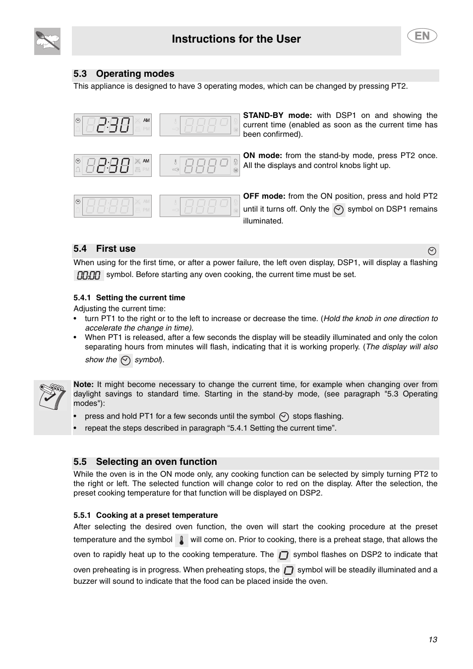 3 operating modes, 4 first use, 1 setting the current time | 5 selecting an oven function, 1 cooking at a preset temperature, Instructions for the user | Smeg SC712U User Manual | Page 11 / 28