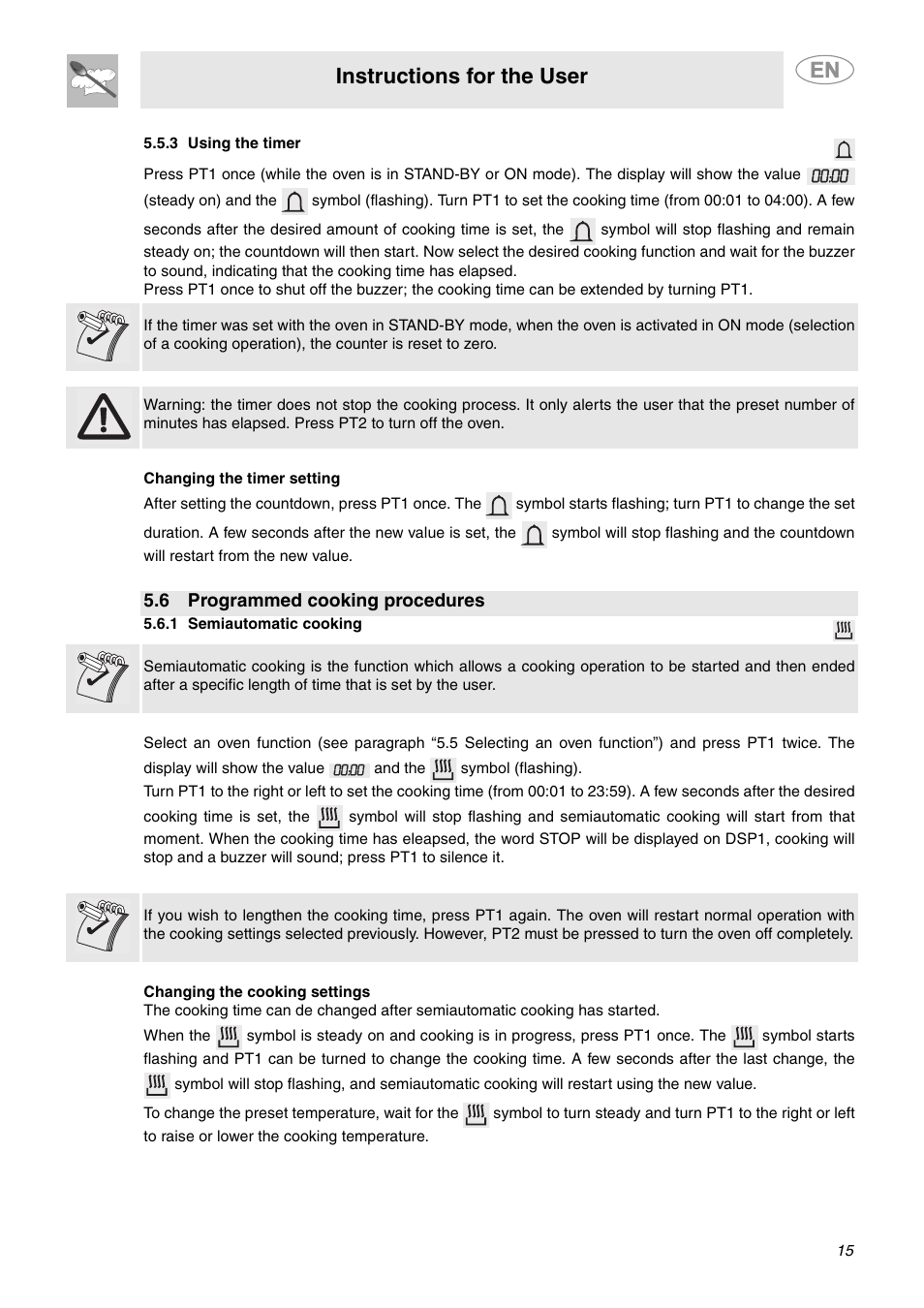 3 using the timer, 6 programmed cooking procedures, 1 semiautomatic cooking | Instructions for the user | Smeg SC712U User Manual | Page 13 / 28