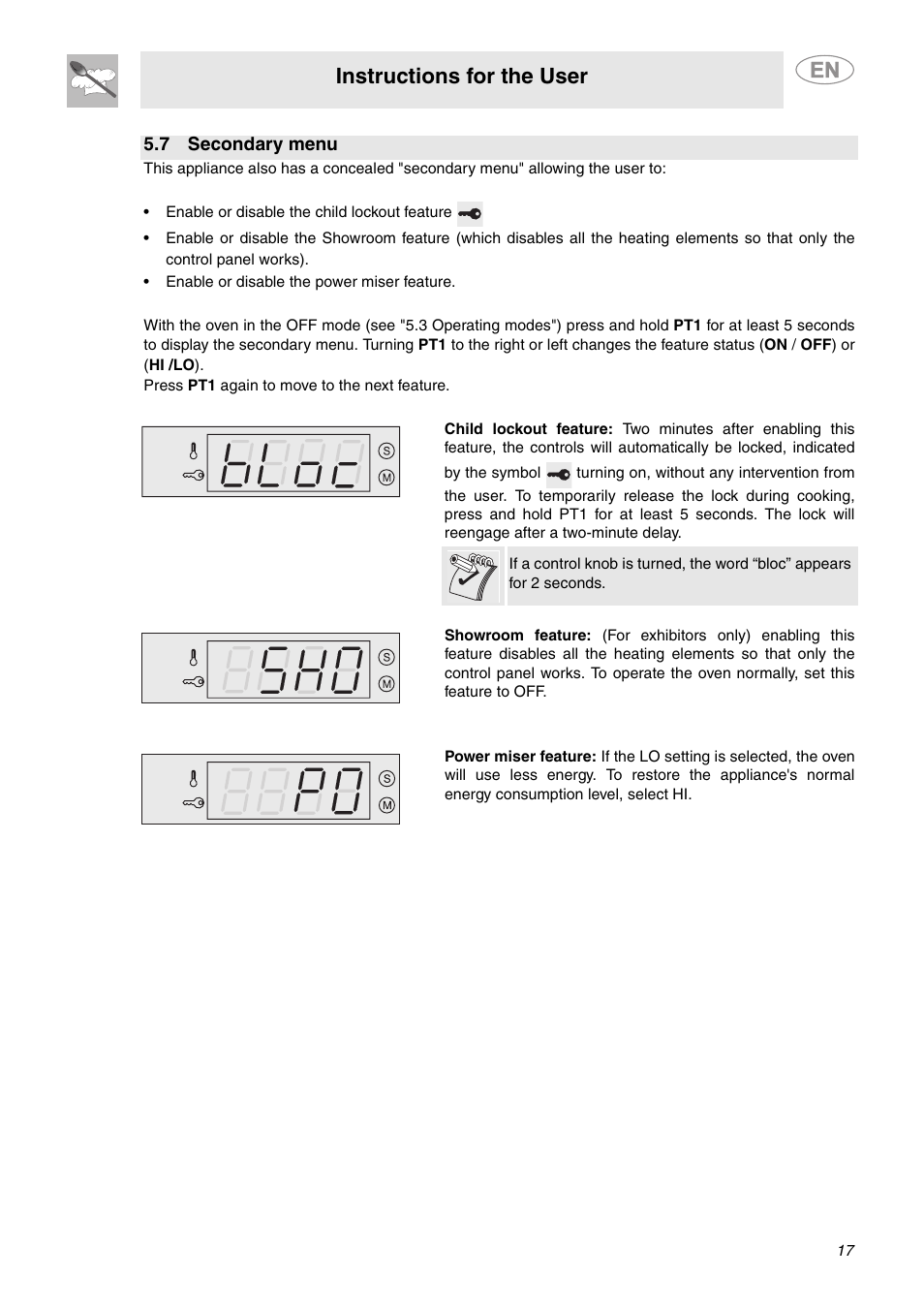 7 secondary menu, Instructions for the user | Smeg SC712U User Manual | Page 15 / 28