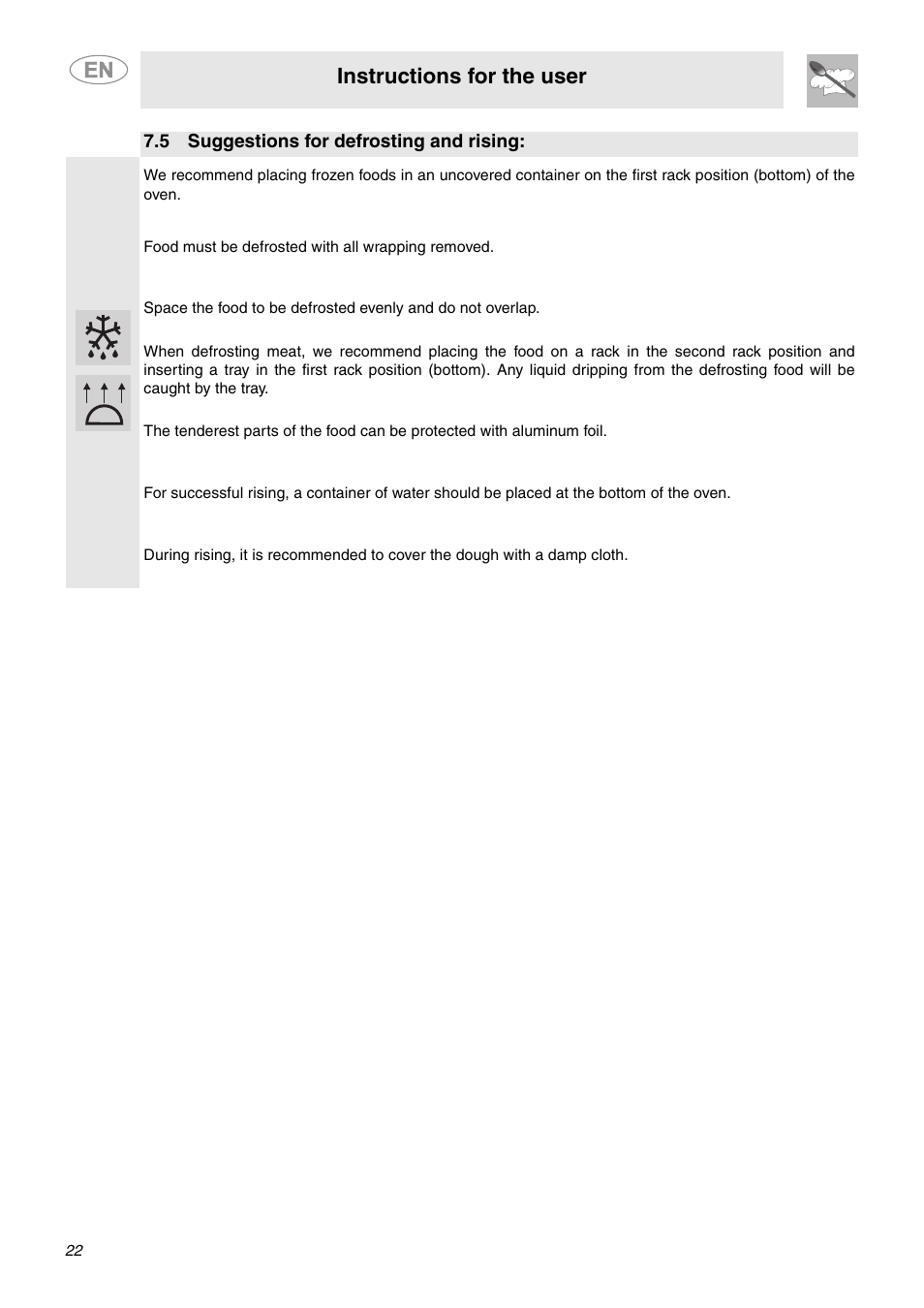 5 suggestions for defrosting and rising, Instructions for the user | Smeg SC712U User Manual | Page 20 / 28