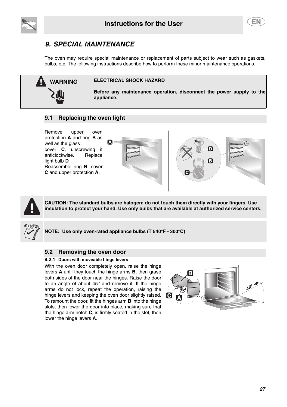 Special maintenance, 1 replacing the oven light, 2 removing the oven door | 1 doors with moveable hinge levers, Instructions for the user | Smeg SC712U User Manual | Page 25 / 28