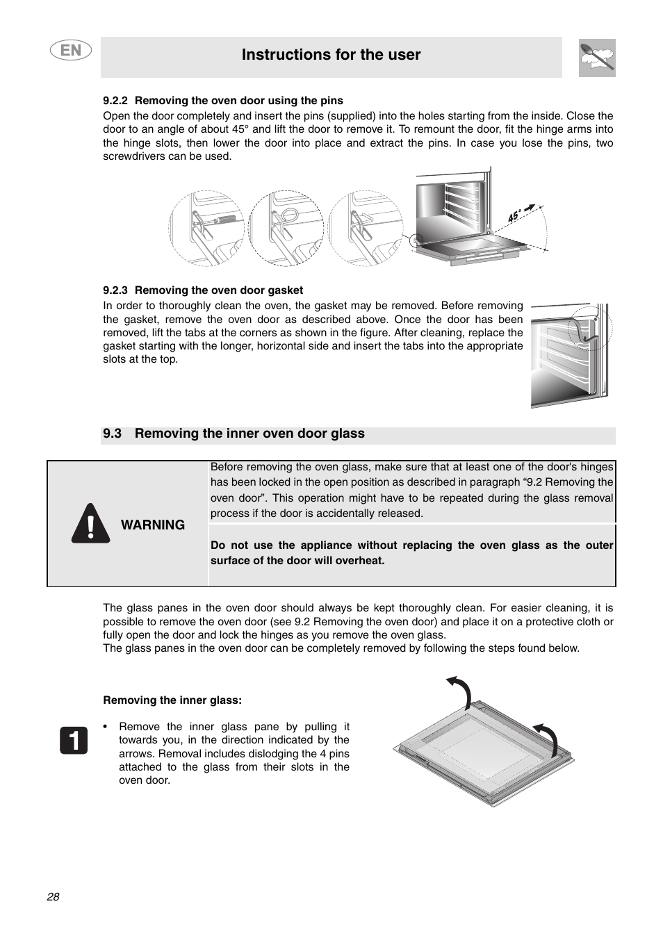 2 removing the oven door using the pins, 3 removing the oven door gasket, 3 removing the inner oven door glass | Instructions for the user | Smeg SC712U User Manual | Page 26 / 28
