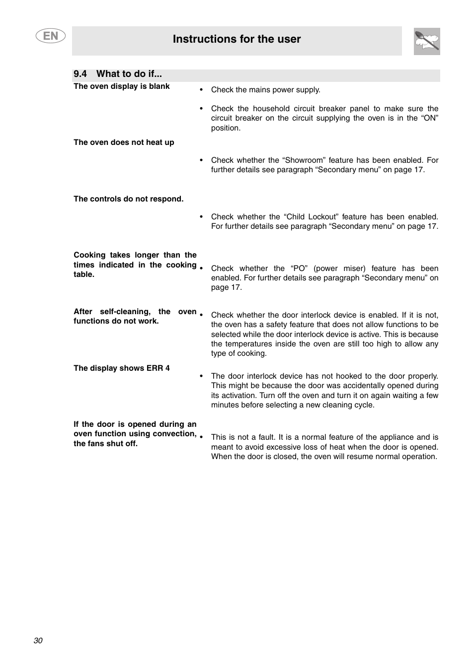 4 what to do if, Instructions for the user | Smeg SC712U User Manual | Page 28 / 28