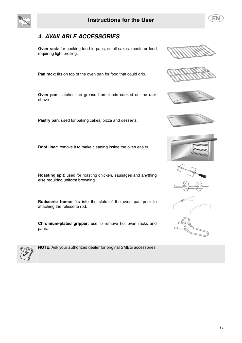 Available accessories, Instructions for the user | Smeg SC712U User Manual | Page 9 / 28