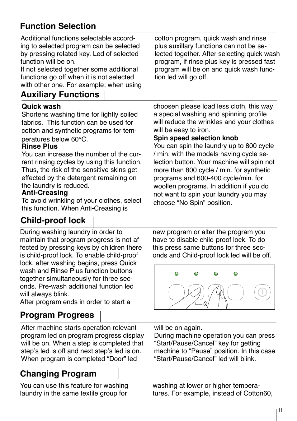 Function selection, Auxiliary functions, Program progress | Changing program, Child-proof lock | Smeg LBS 845 User Manual | Page 11 / 14