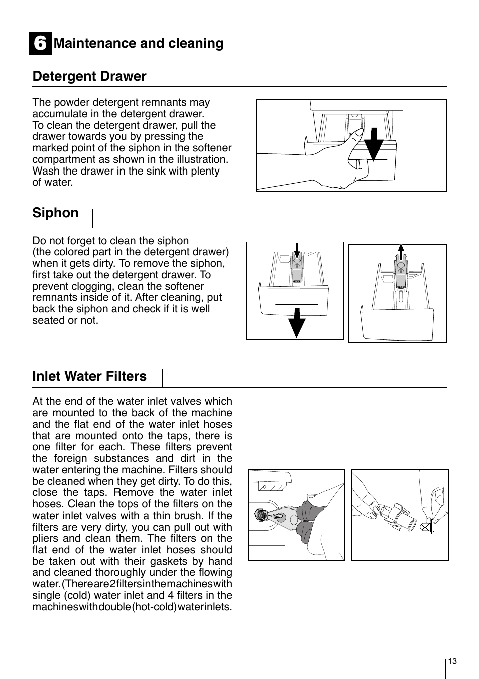 Maintenance and cleaning detergent drawer, Siphon, Inlet water filters | Smeg LBS 845 User Manual | Page 13 / 14