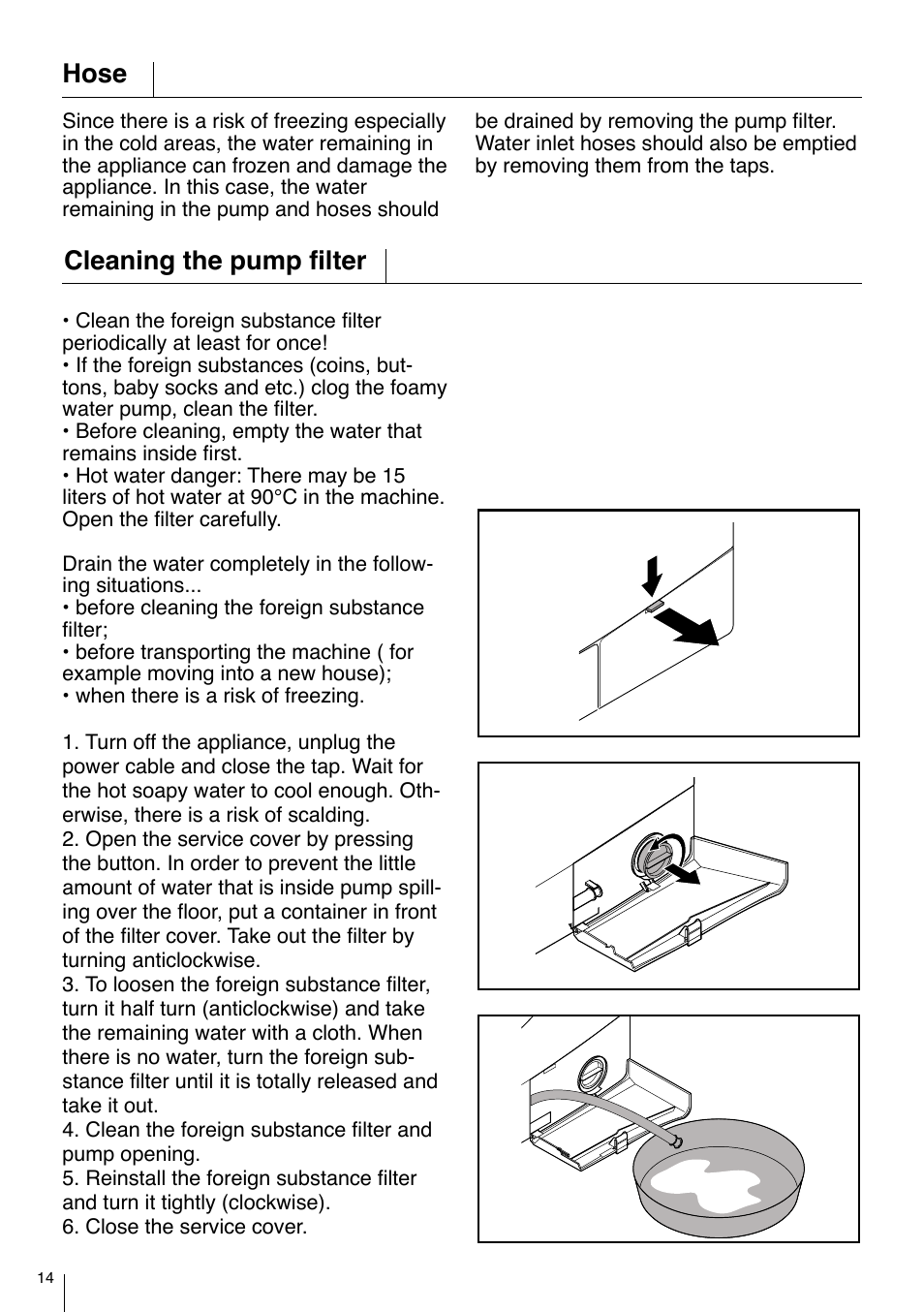 Hose, Cleaning the pump filter | Smeg LBS 845 User Manual | Page 14 / 14