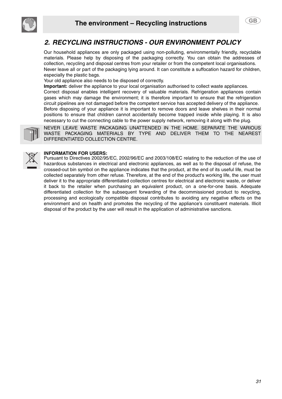 Recycling instructions - our environment policy, The environment – recycling instructions | Smeg SE2642ID3 User Manual | Page 3 / 26