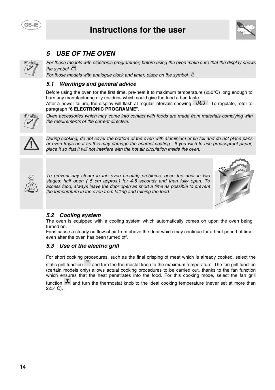 Instructions for the user, 5use of the oven, 1 warnings and general advice | 2 cooling system, 3 use of the electric grill | Smeg CIX64MS-5 User Manual | Page 12 / 18