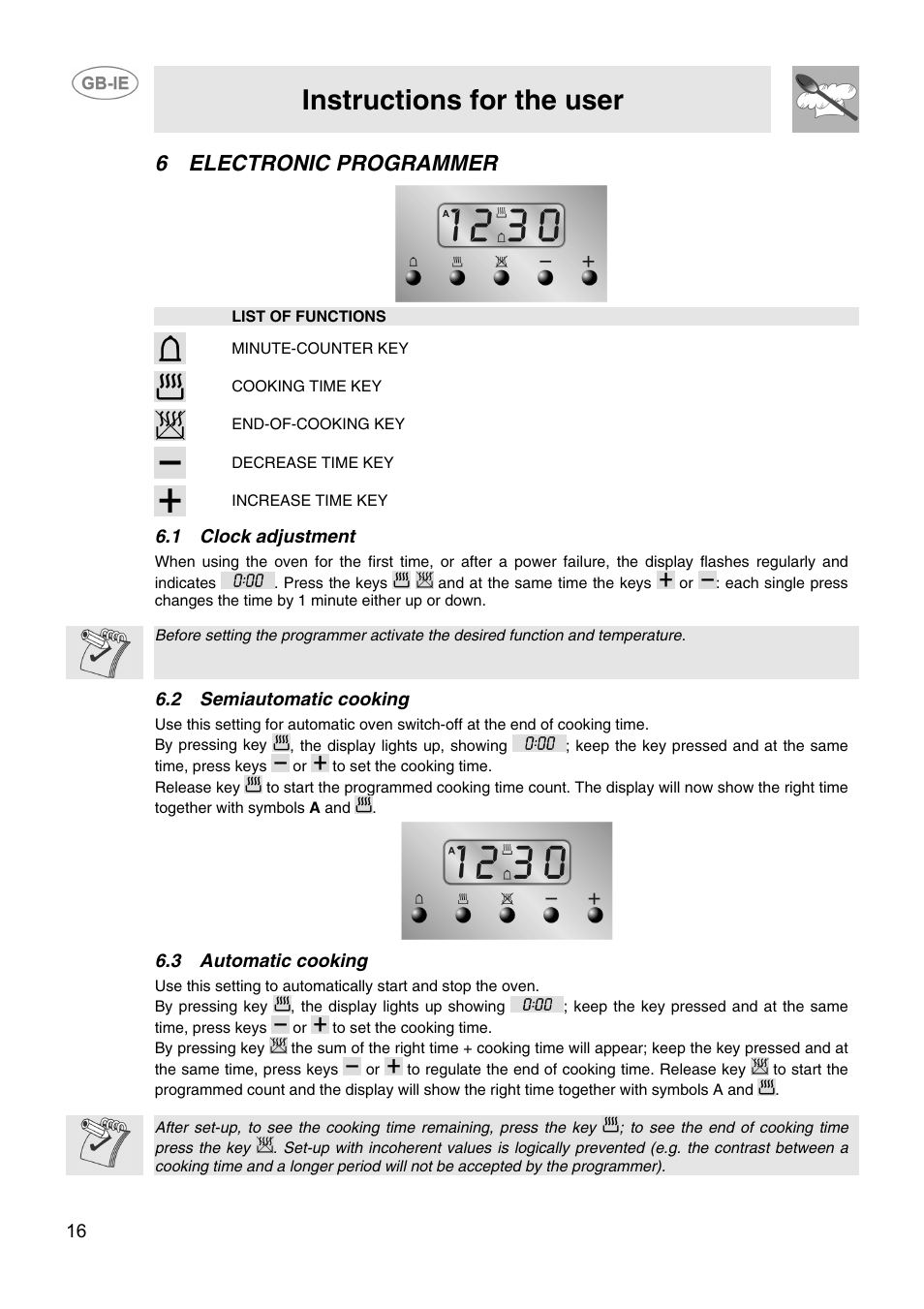 Instructions for the user, 6electronic programmer, 1 clock adjustment | 2 semiautomatic cooking, 3 automatic cooking | Smeg CIX64MS-5 User Manual | Page 14 / 18