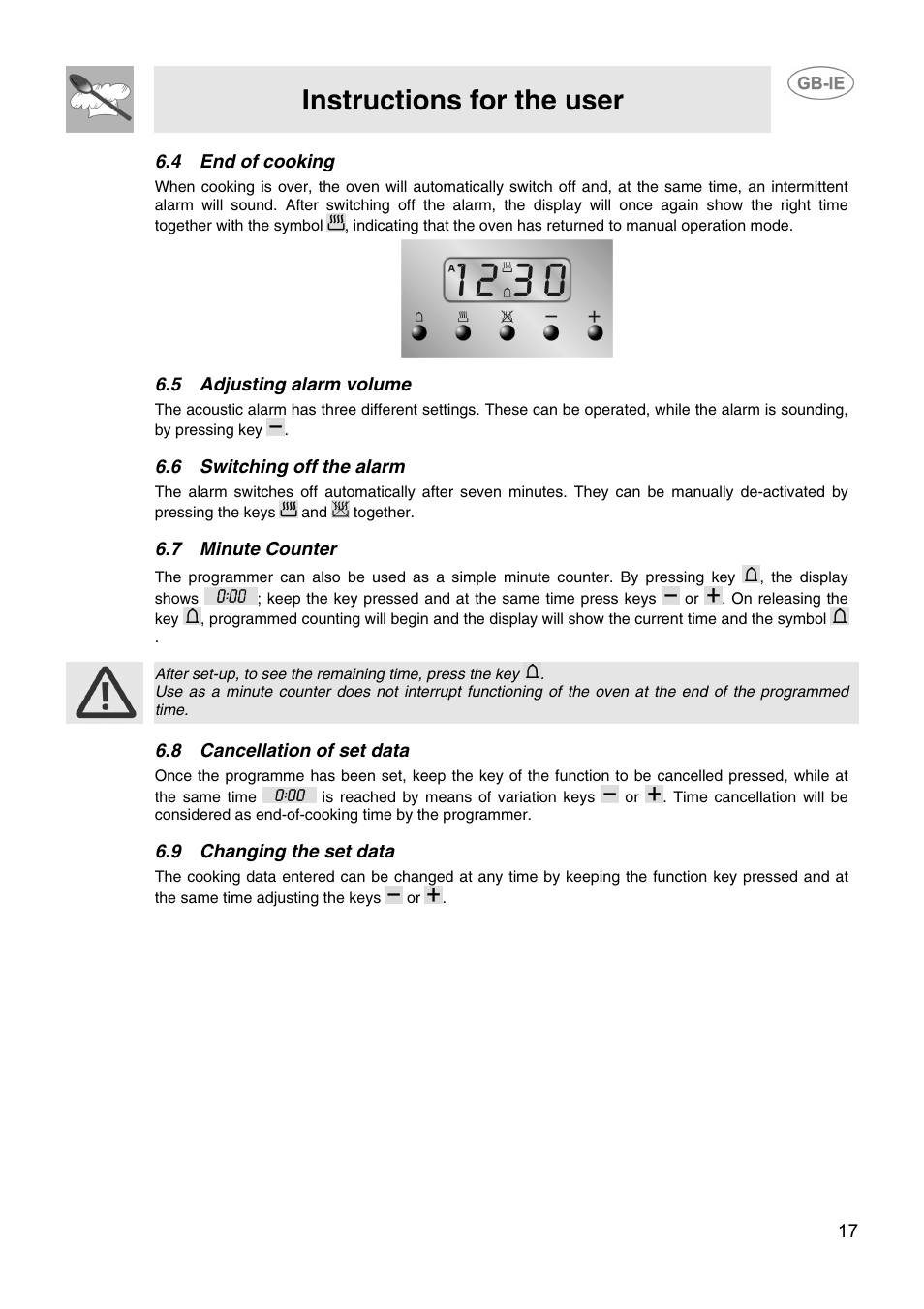 Instructions for the user, 4 end of cooking, 5 adjusting alarm volume | 6 switching off the alarm, 7 minute counter, 8 cancellation of set data, 9 changing the set data | Smeg CIX64MS-5 User Manual | Page 15 / 18