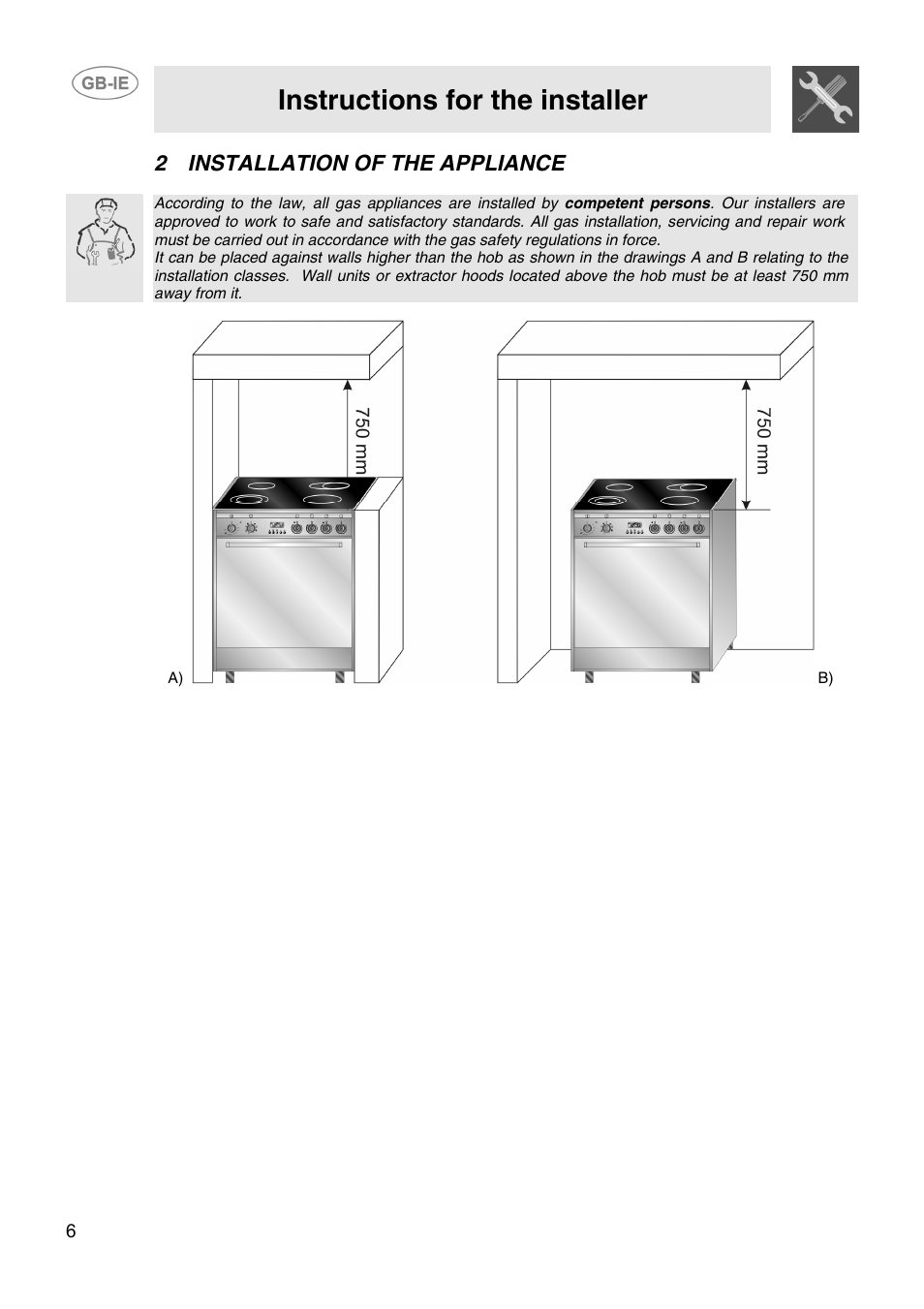 Instructions for the installer, 2installation of the appliance | Smeg CIX64MS-5 User Manual | Page 4 / 18