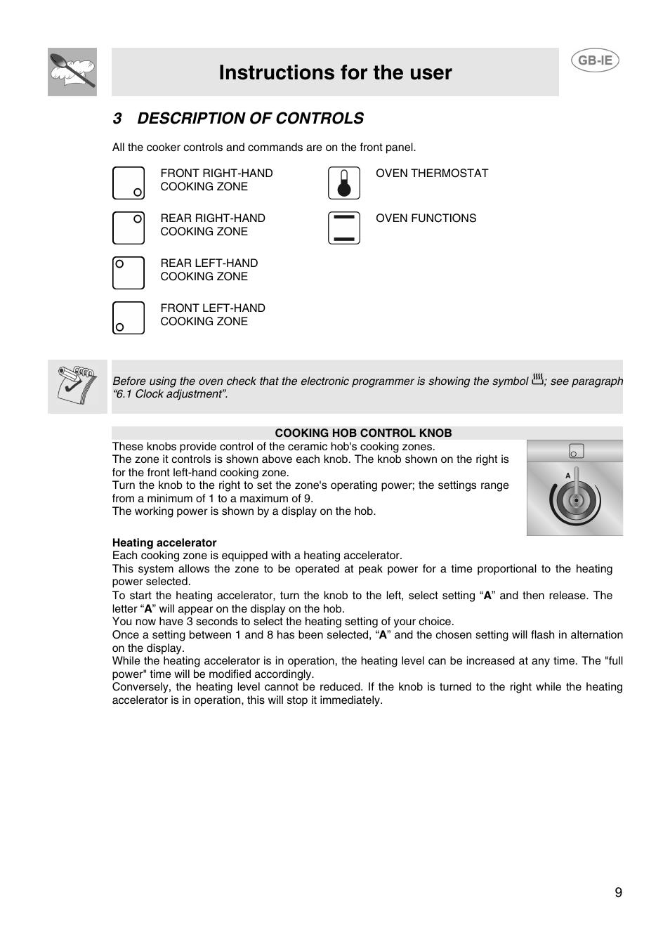 Instructions for the user, 3description of controls | Smeg CIX64MS-5 User Manual | Page 7 / 18