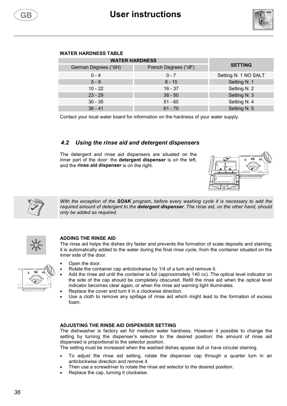 User instructions, 2 using the rinse aid and detergent dispensers | Smeg DW612ST User Manual | Page 15 / 27