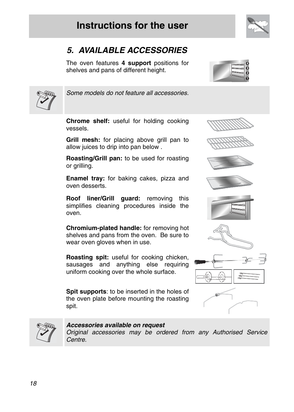 Instructions for the user, Available accessories, Some models do not feature all accessories | Chrome shelf: useful for holding cooking vessels | Smeg SCA708X User Manual | Page 16 / 28