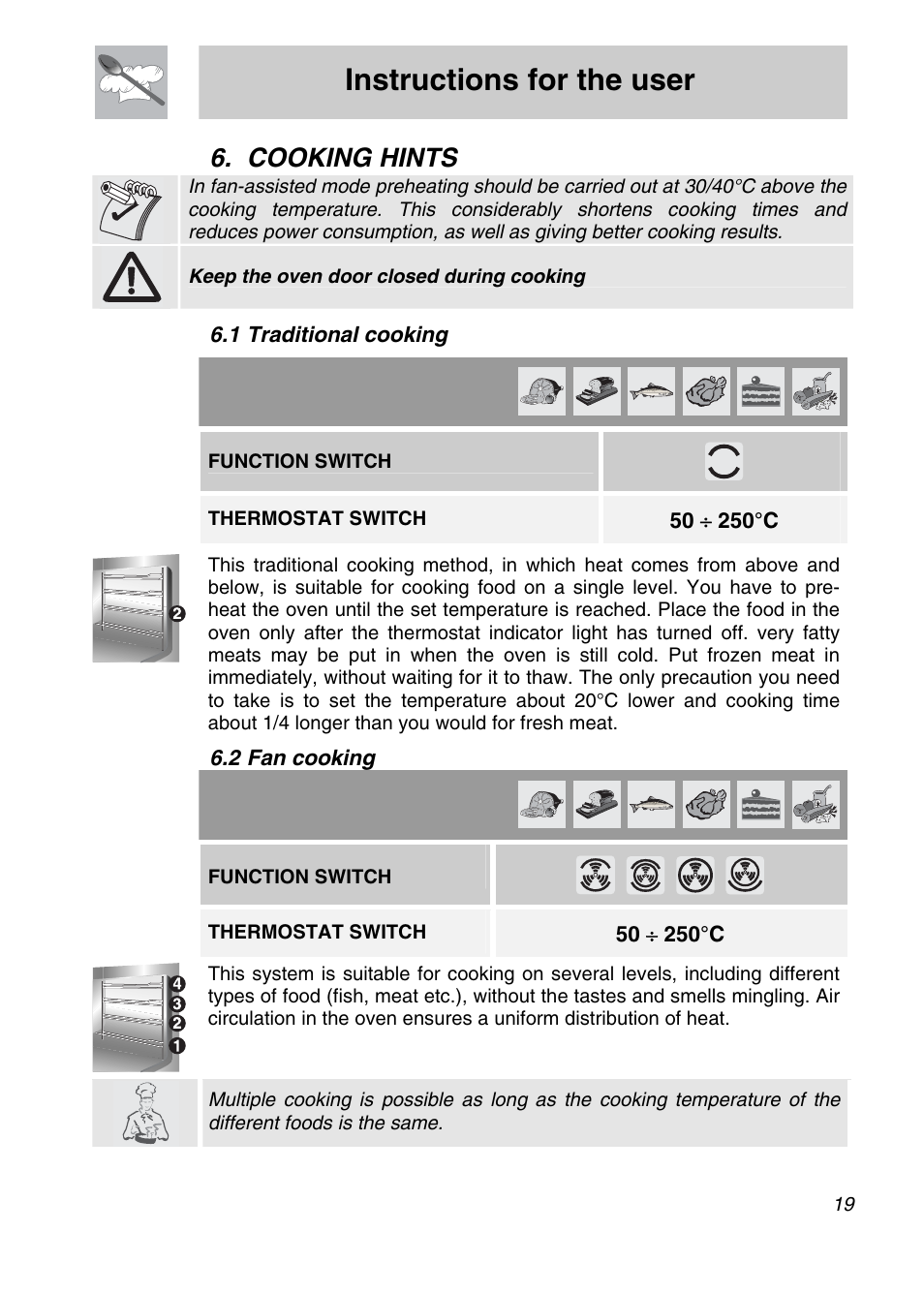 Instructions for the user, Cooking hints, 1 traditional cooking | 2 fan cooking, Function switch, Thermostat switch | Smeg SCA708X User Manual | Page 17 / 28