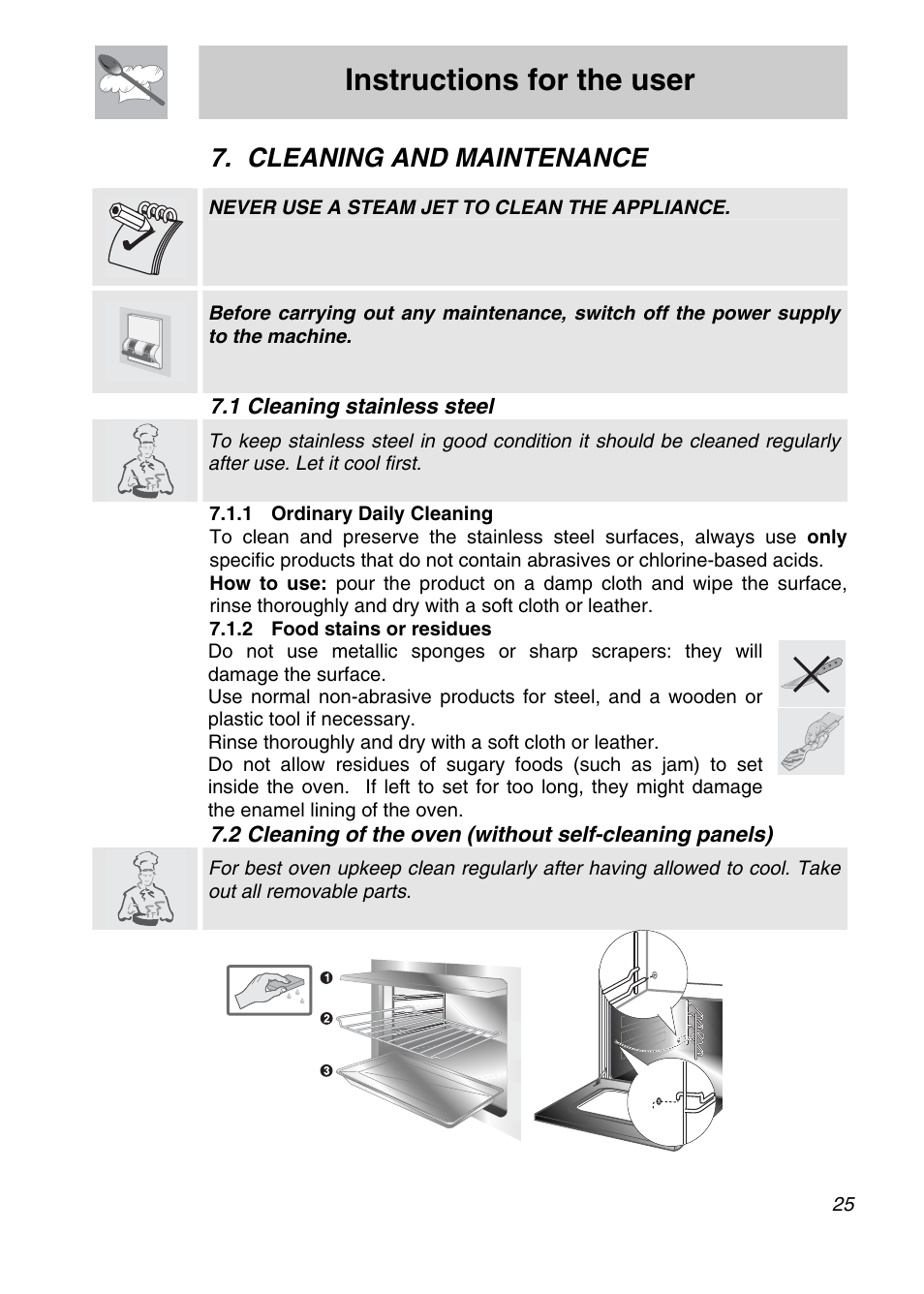 Instructions for the user, Cleaning and maintenance, 1 cleaning stainless steel | Never use a steam jet to clean the appliance | Smeg SCA708X User Manual | Page 23 / 28