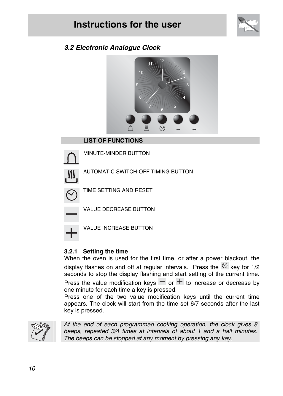 Instructions for the user, 2 electronic analogue clock, List of functions | Smeg SCA708X User Manual | Page 8 / 28