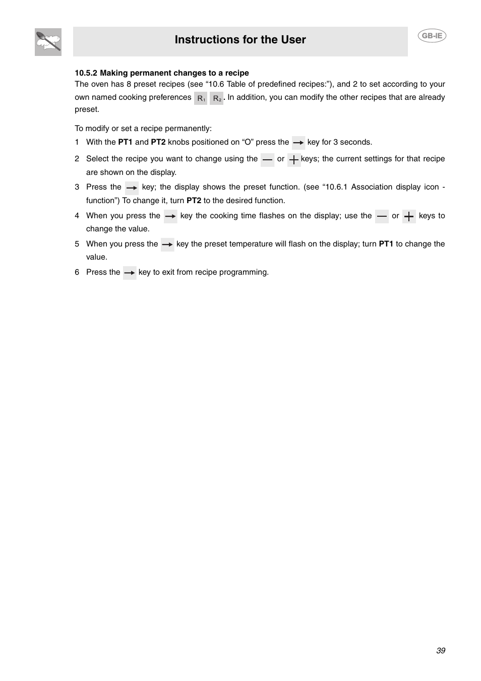 2 making permanent changes to a recipe, 6 press the key to exit from recipe programming, Instructions for the user | Smeg CE9CMX User Manual | Page 13 / 24