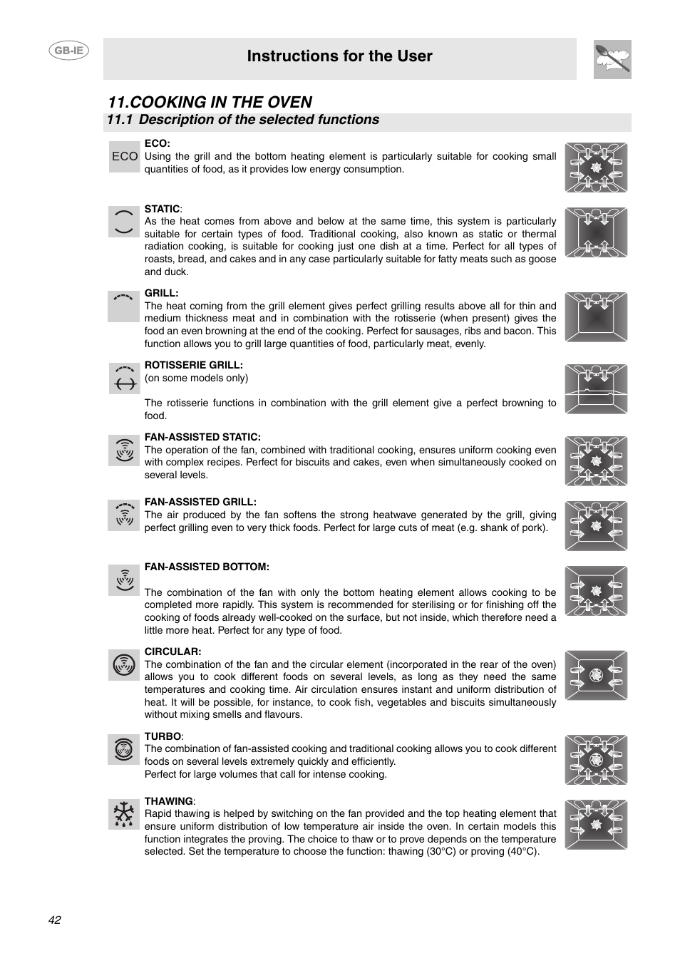 Cooking in the oven, 1 description of the selected functions, Instructions for the user | Smeg CE9CMX User Manual | Page 16 / 24