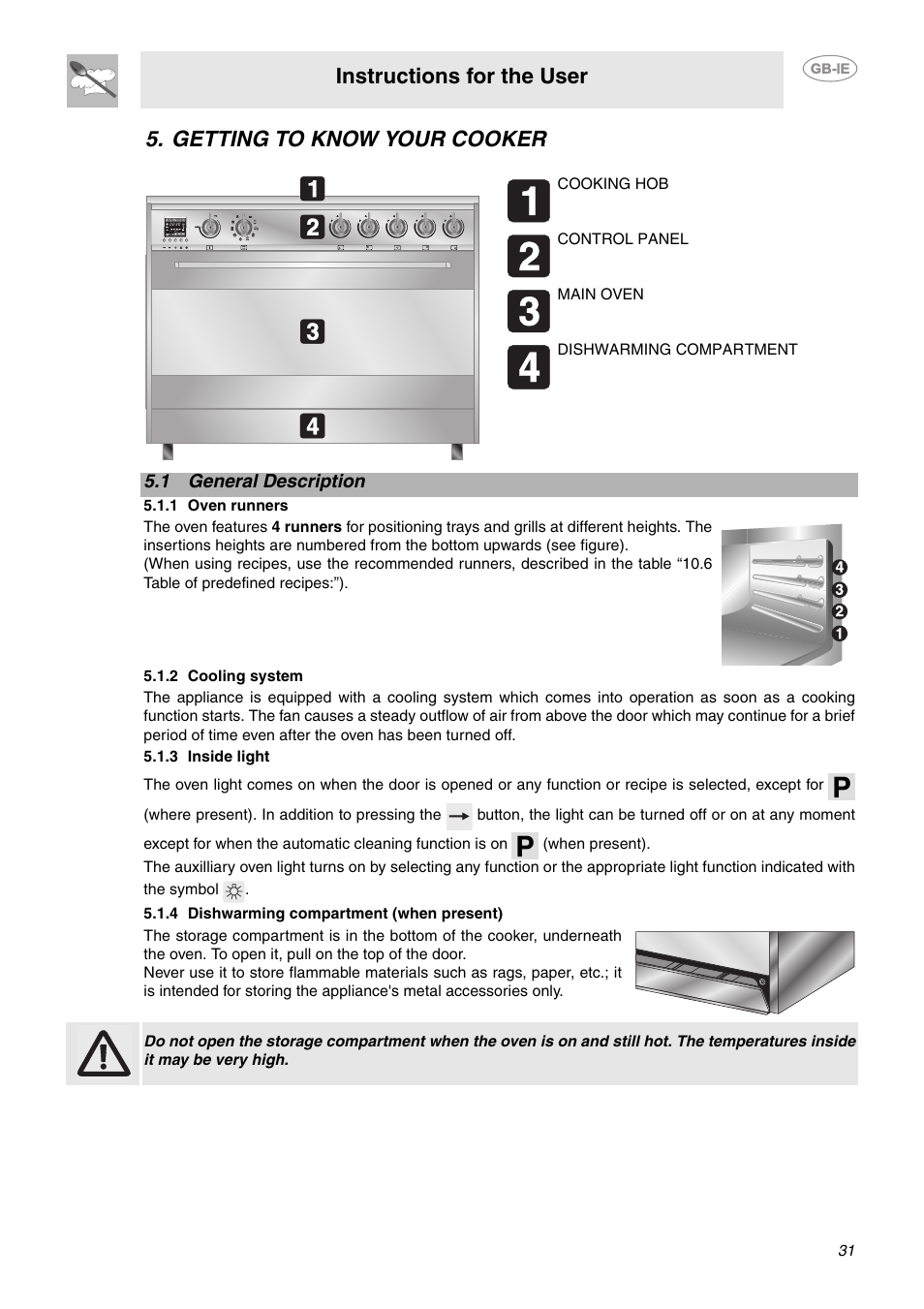 Getting to know your cooker, 1 general description, 1 oven runners | 2 cooling system, 3 inside light, 4 dishwarming compartment (when present), Instructions for the user | Smeg CE9CMX User Manual | Page 5 / 24