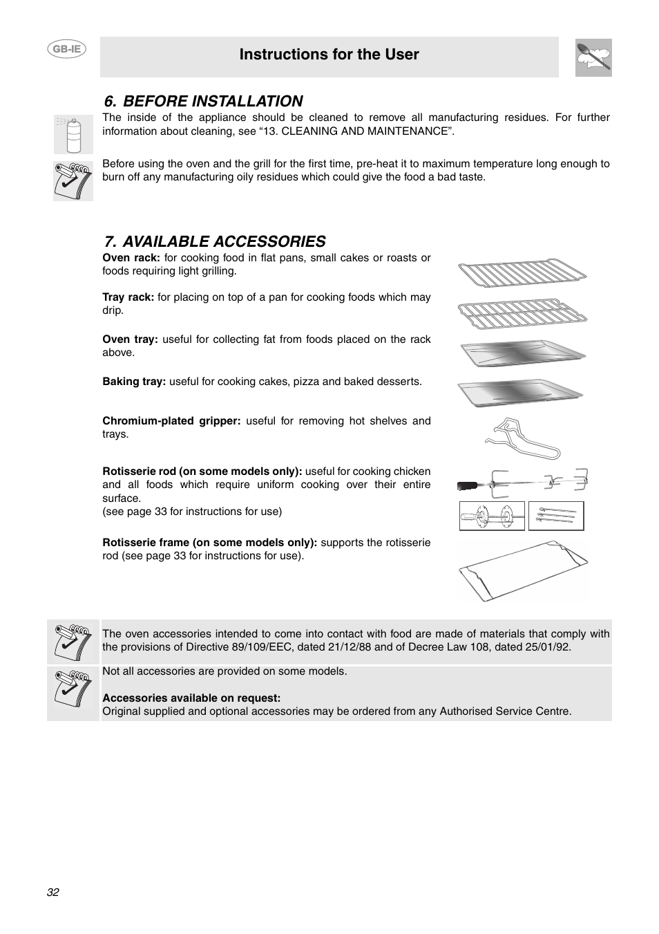 Before installation, Available accessories, Instructions for the user | Before installation 7. available accessories | Smeg CE9CMX User Manual | Page 6 / 24
