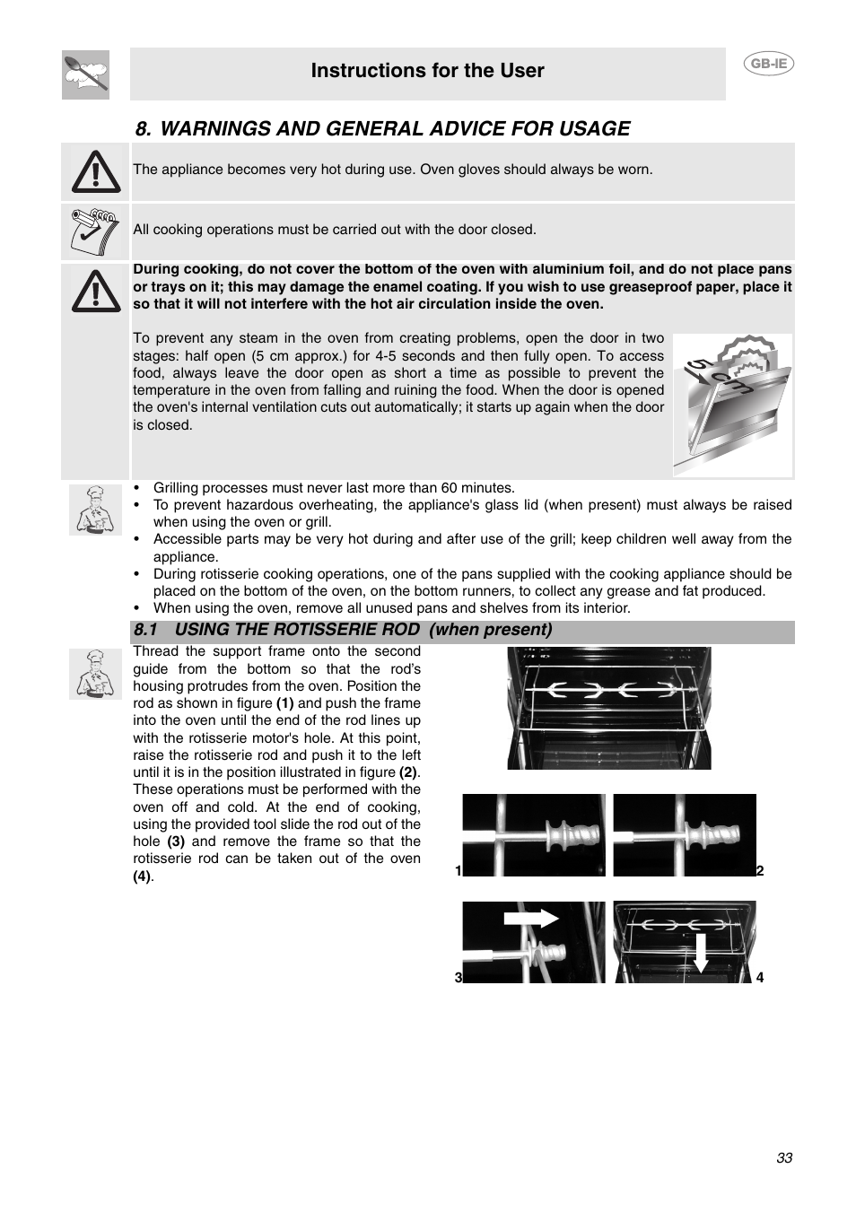 Warnings and general advice for usage, 1 using the rotisserie rod (when present), Instructions for the user | Smeg CE9CMX User Manual | Page 7 / 24