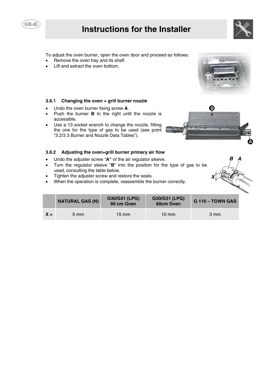 1 changing the oven + grill burner nozzle, 2 adjusting the oven+grill burner primary air flow, Instructions for the installer | Smeg CB61VES User Manual | Page 12 / 29