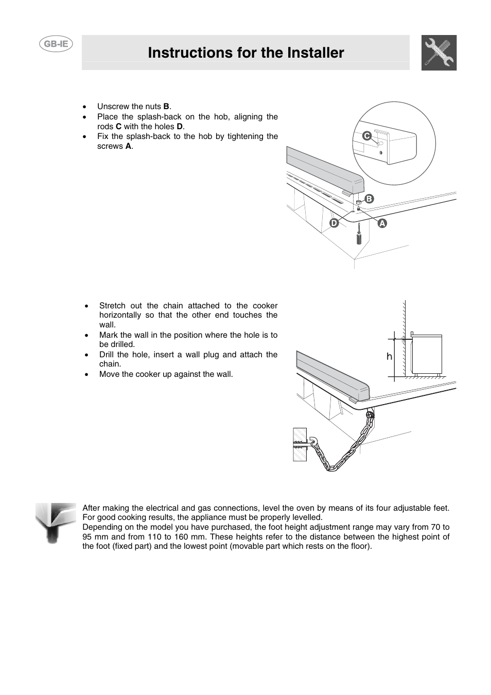 5 wall fixing (on some models only), 6 positioning and levelling the appliance, Instructions for the installer | Smeg CB61VES User Manual | Page 14 / 29