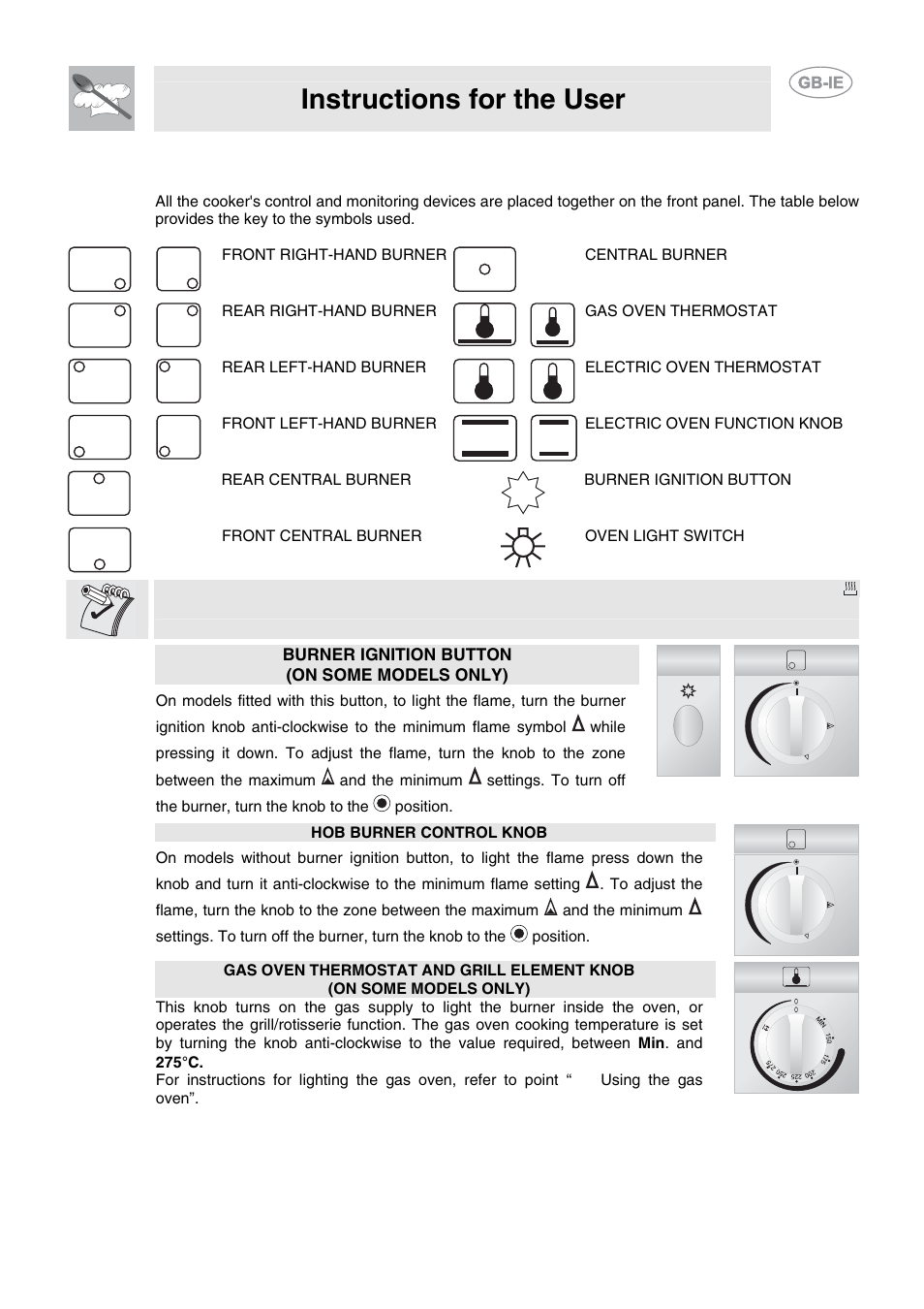 Description of front panel controls, Instructions for the user, Burner ignition button (on some models only) | Smeg CB61VES User Manual | Page 15 / 29