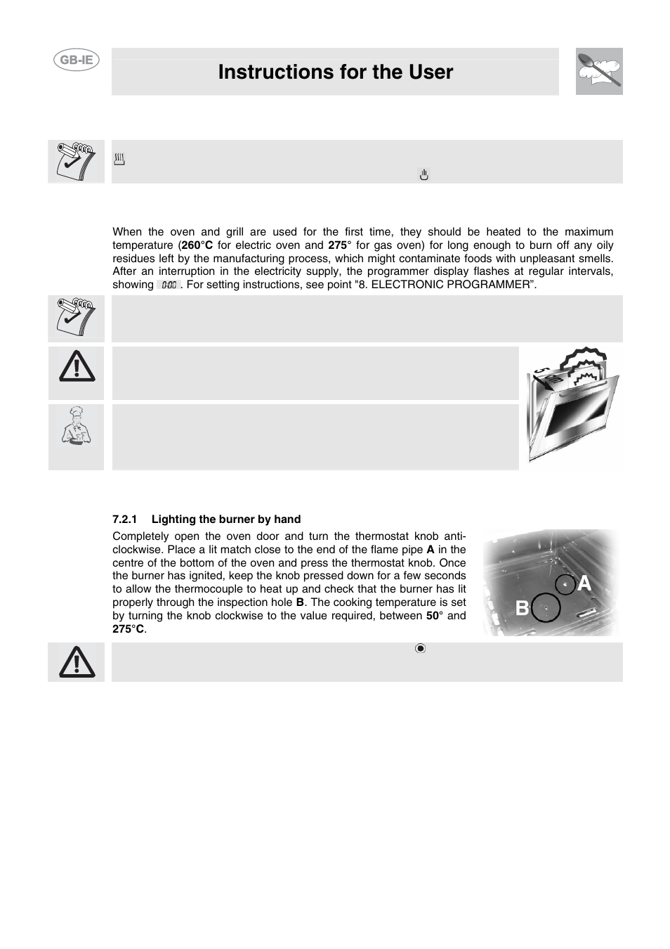Using the oven, 1 precautions and general advice, 2 using the gas oven | 1 lighting the burner by hand, Instructions for the user | Smeg CB61VES User Manual | Page 20 / 29