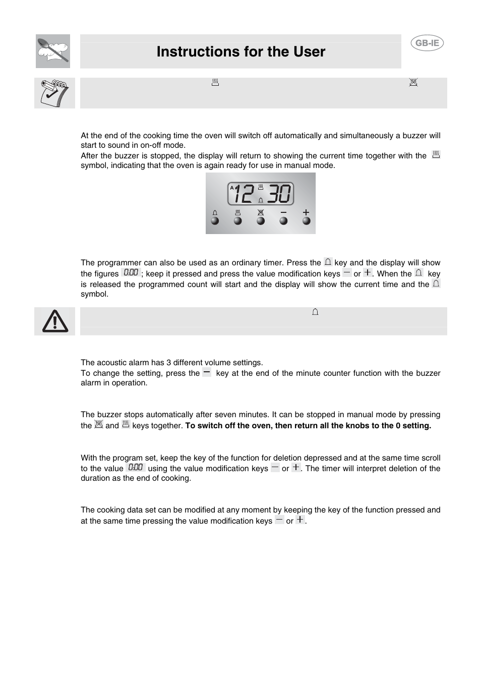 4 end of cooking, 5 timer, 6 adjusting the buzzer volume | 7 stopping the buzzer, 8 deleting the data set, 9 modifying the data set, Instructions for the user | Smeg CB61VES User Manual | Page 25 / 29